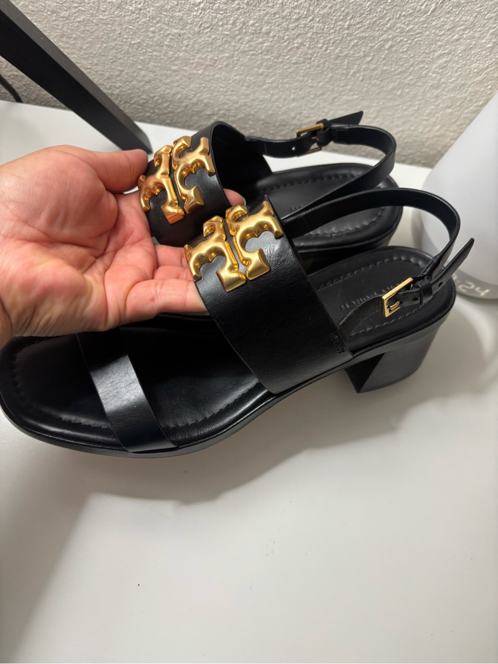 Tory Burch Black Leather Slingback Sandals with Gold Logo Medallions - Picture 3 of 6